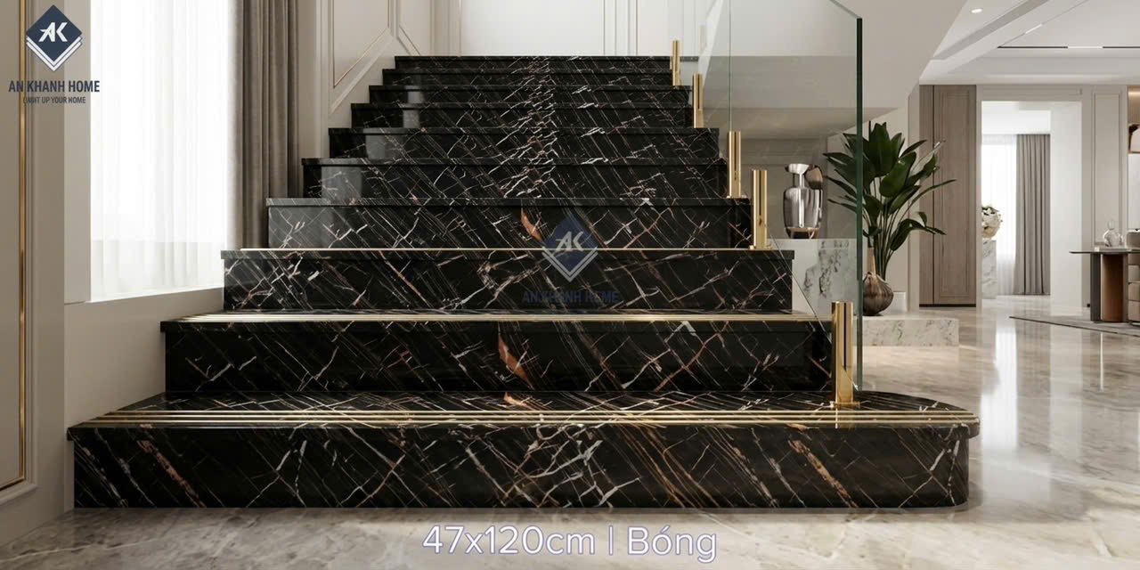 Gạch ốp lát cầu thang 47x120cm đen vân đá khắc kim