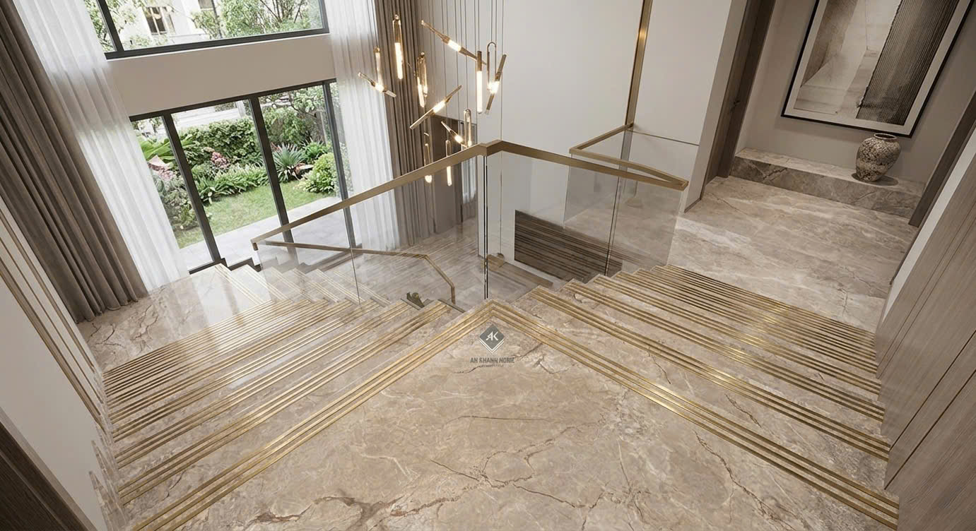 Gạch lát bậc cầu thang 47x120cm màu nâu cafe nhạt vân đá khắc kim