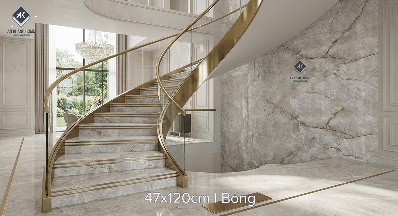 Gạch lát bậc cầu thang 47x120 xám ghi vân đá khắc kim