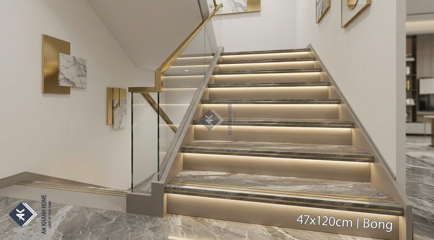 Gạch cầu thang 47x120cm màu xám vân đá khắc kim cao cấp