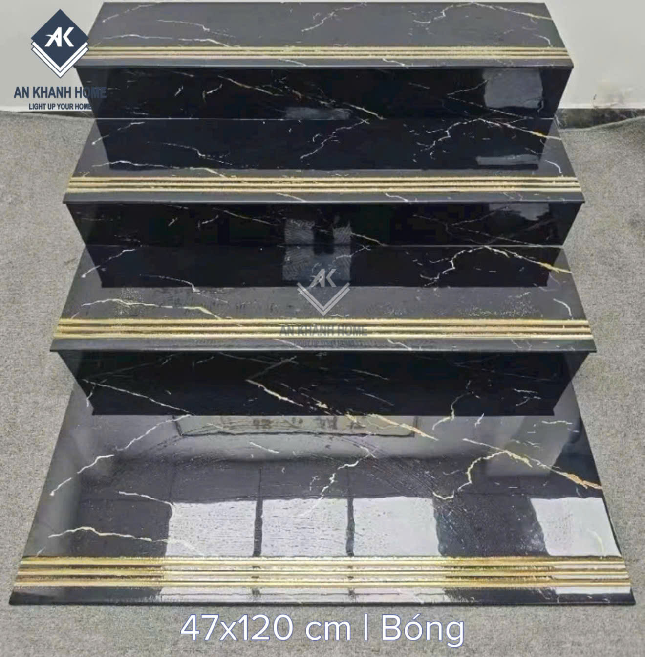 Gạch ốp bậc thang 47x120cm màu đen vân trắng vàng khắc kim