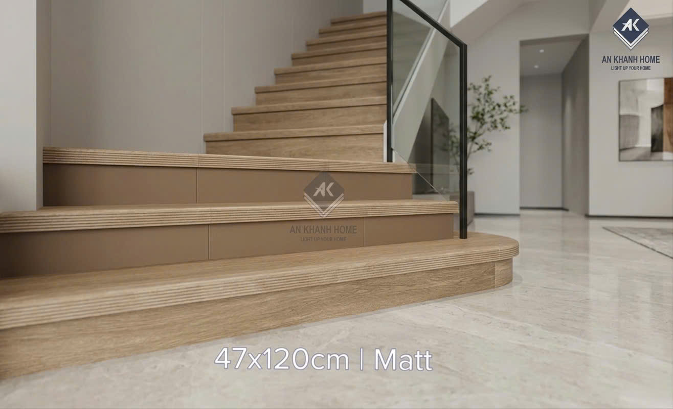 Gạch ốp lát bậc cầu thang giả gỗ 47x120 màu nâu vàng bề mặt mờ