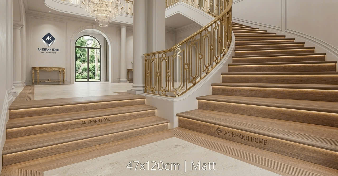 Gạch cầu thang giả gỗ 47x120cm ốp lát bền đẹp