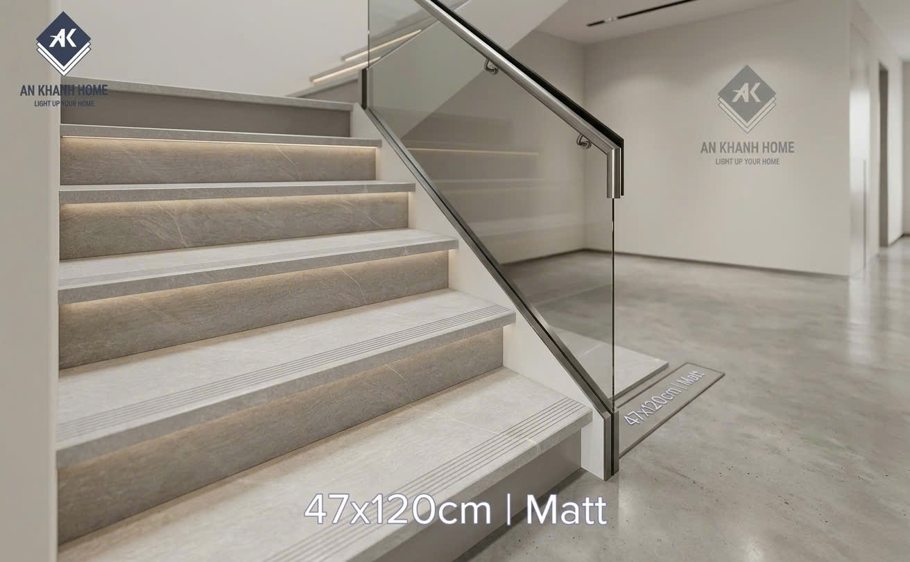 Gạch cầu thang vân gỗ xám mờ chống trơn 47x120cm