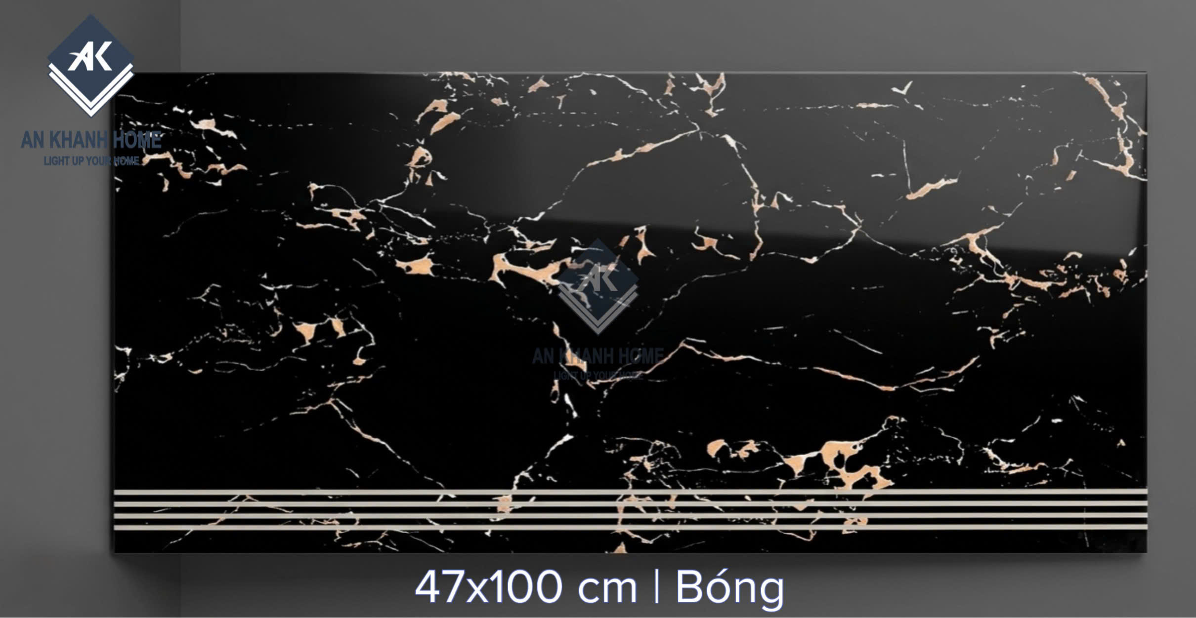 Gạch cầu thang đen vân cam 47x100cm bề mặt bóng kiếng