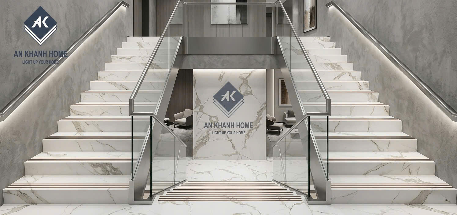 Gạch bậc cầu thang trung quốc 47x100cm trắng vân xám 