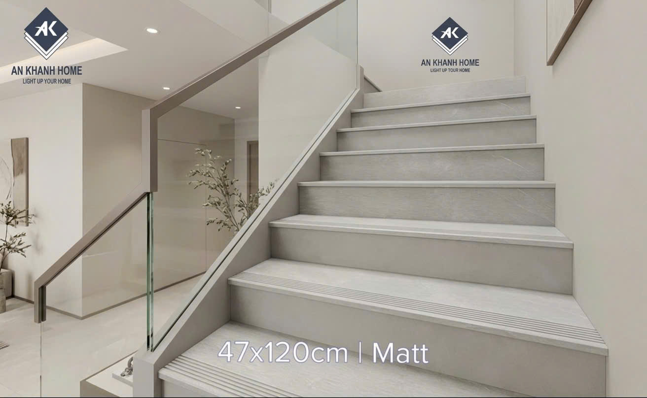 Gạch ốp bậc cầu thang vân gỗ xám trắng 47x120cm