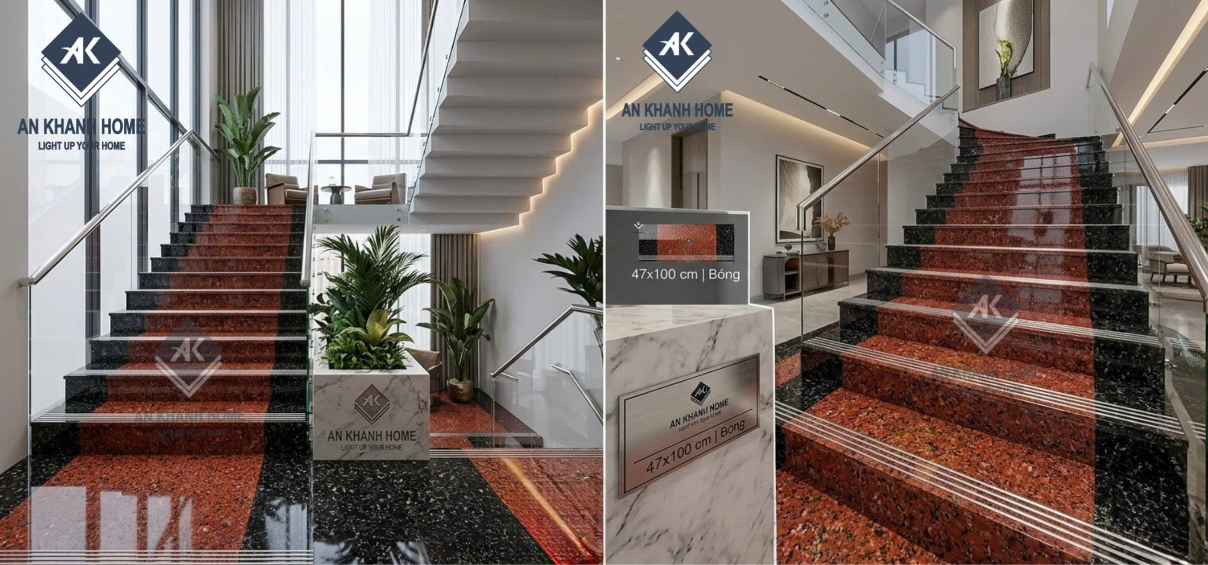 Gạch lát bậc cầu thang 47x100cm vân đá hoa cương đỏ đen