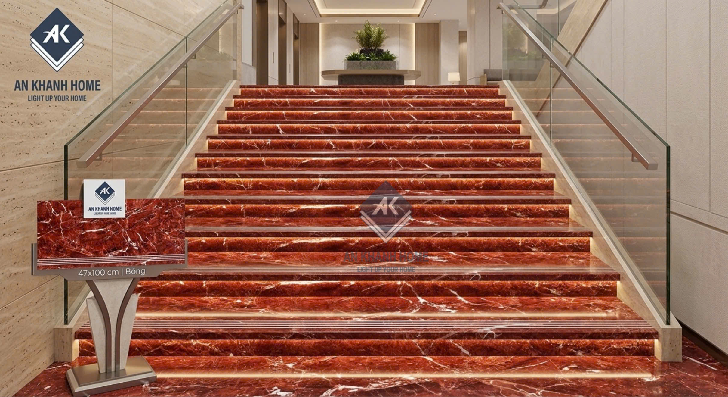 Gạch cầu thang 47x100cm đỏ vân đá marble cao cấp