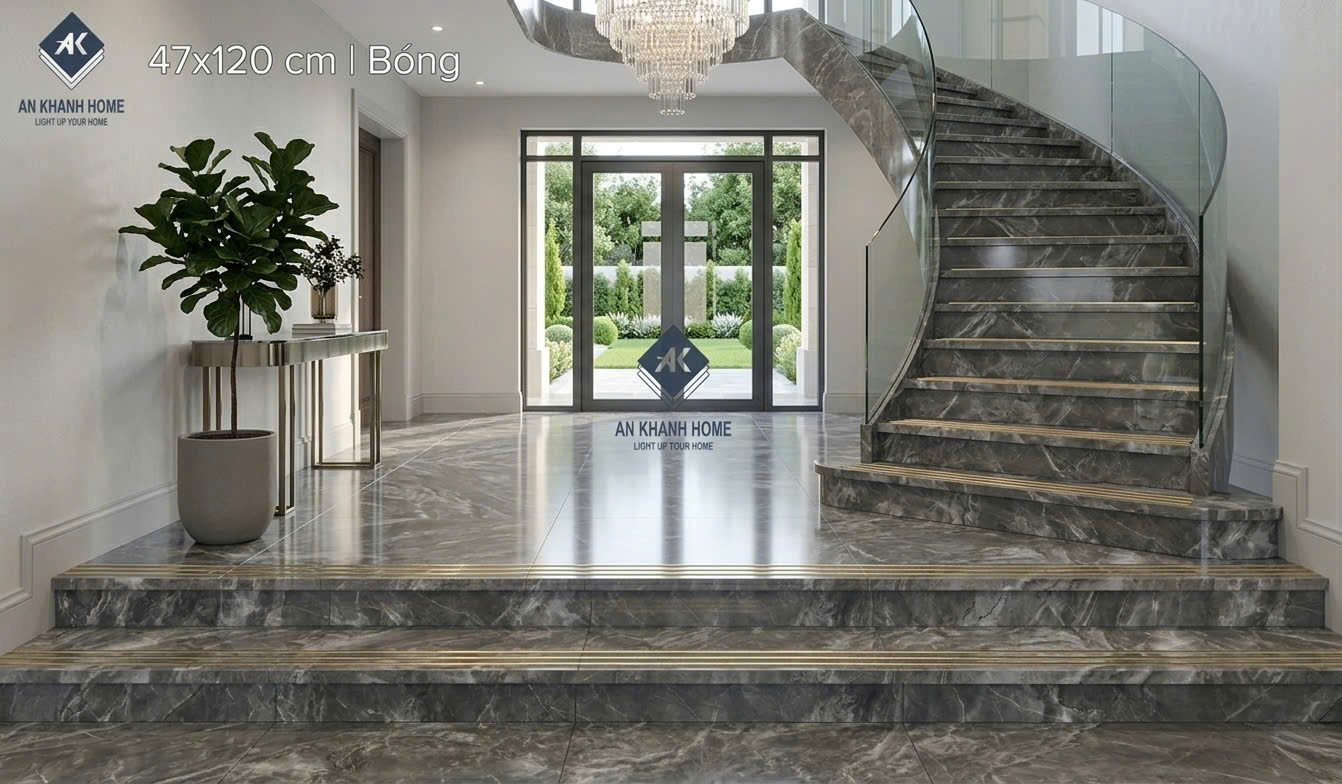 Gạch ốp lát bậc cầu thang 47x120 vân đá xám đậm khắc kim