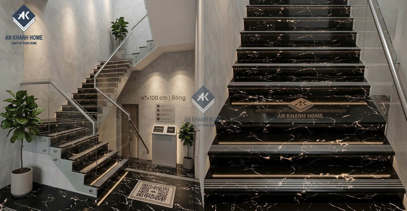 Gạch cầu thang trung quốc 47x100cm màu đen vân cam