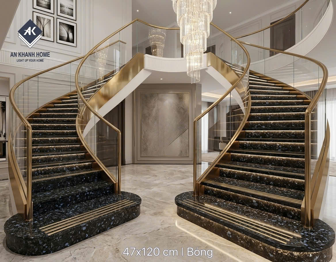 Gạch ốp lát bậc cầu thang 47x120cm đá xanh đen phủ nhũ vàng