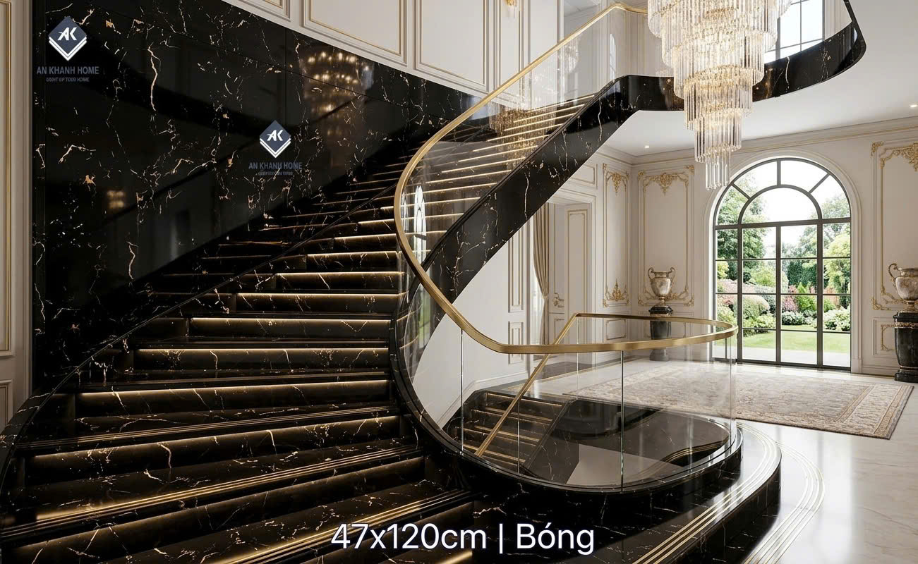 Gạch bậc cầu thang 47x120 đen vân vàng cam khắc kim cao cấp