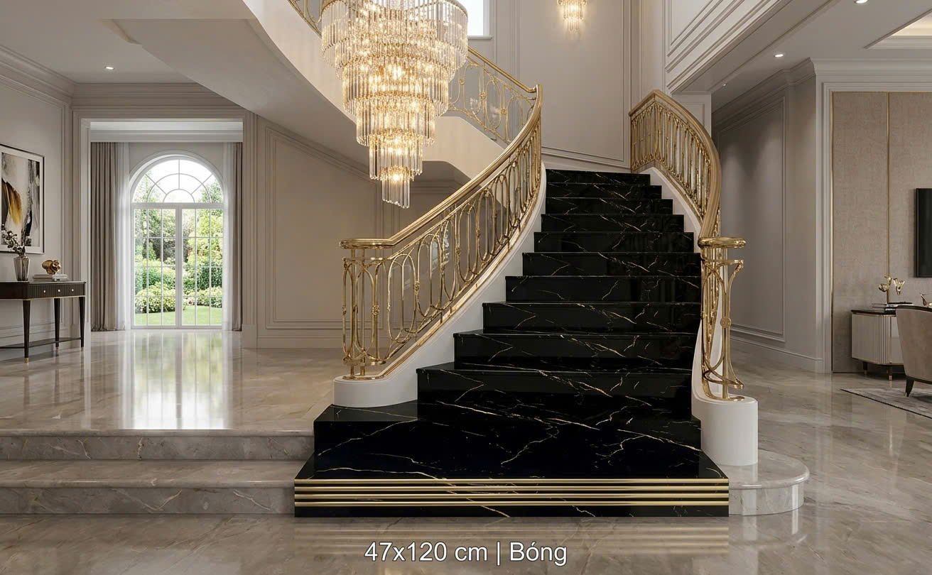 Gạch bậc cầu thang đen vân vàng khắc kim 47x120cm