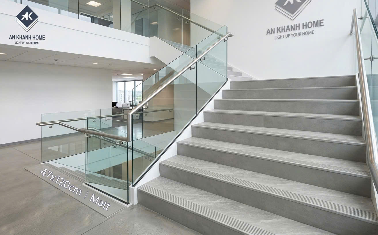 Gạch cầu thang 47x120cm giả gỗ xám vân đá mờ lát cầu thang