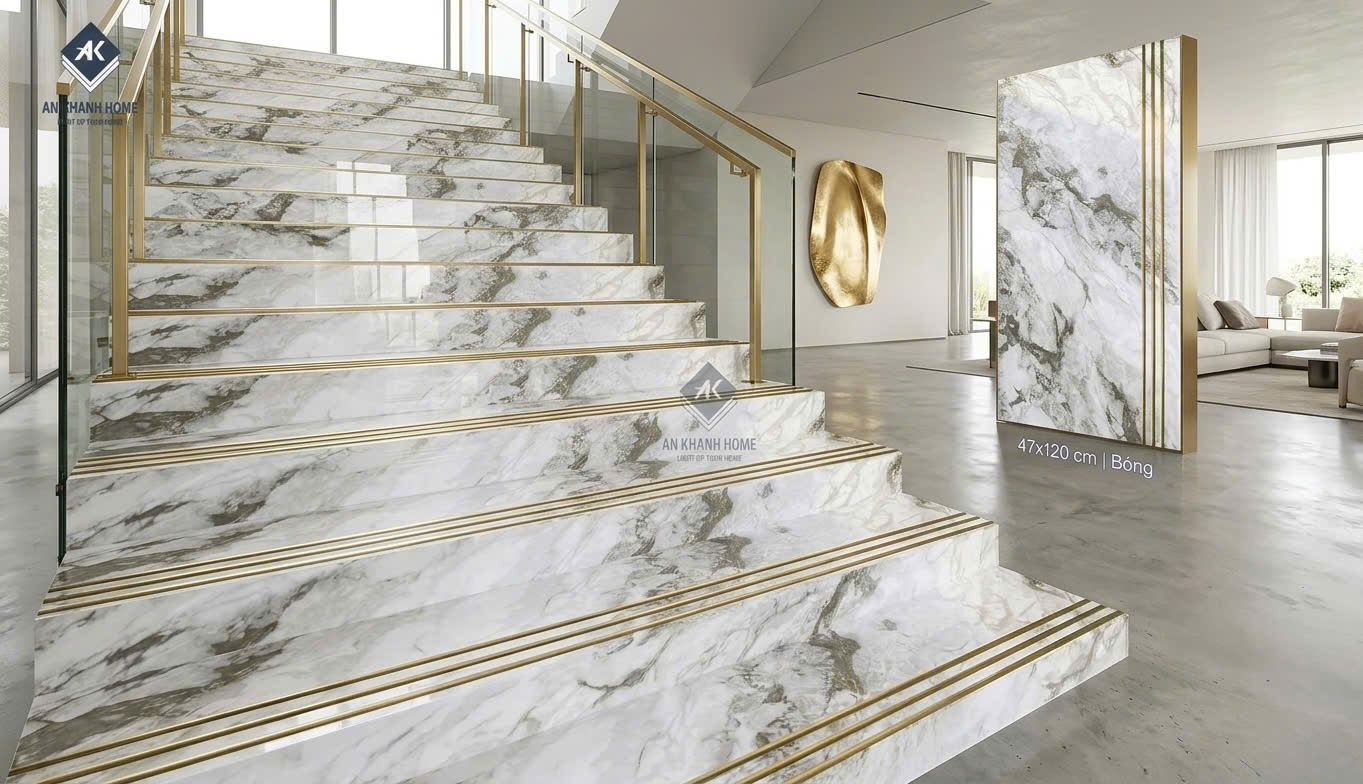 Mẫu gạch ốp lát bậc cầu thang 47x120cm trắng xám vân đá marble cao cấp