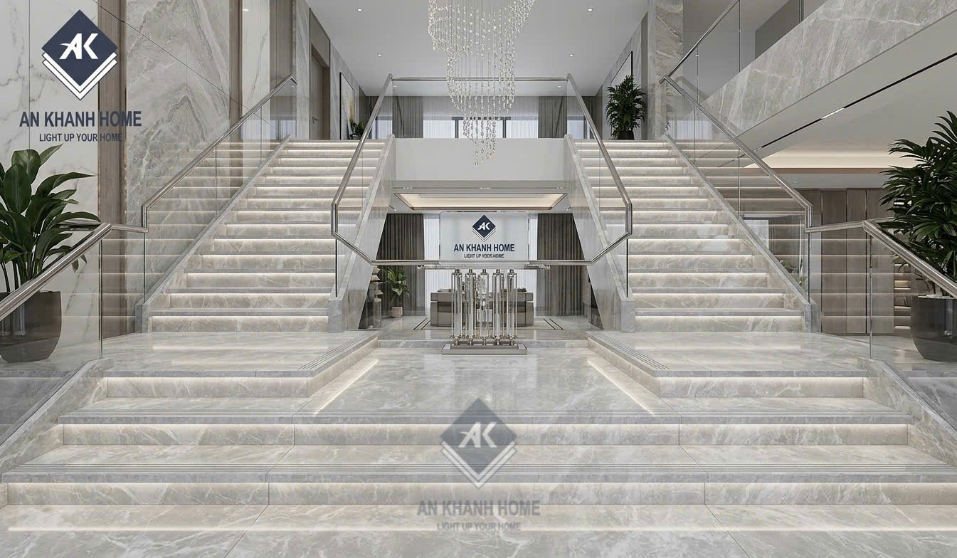 Phối cảnh mẫu gạch ốp lát bậc cầu thang 47x100cm vân đá trung quốc