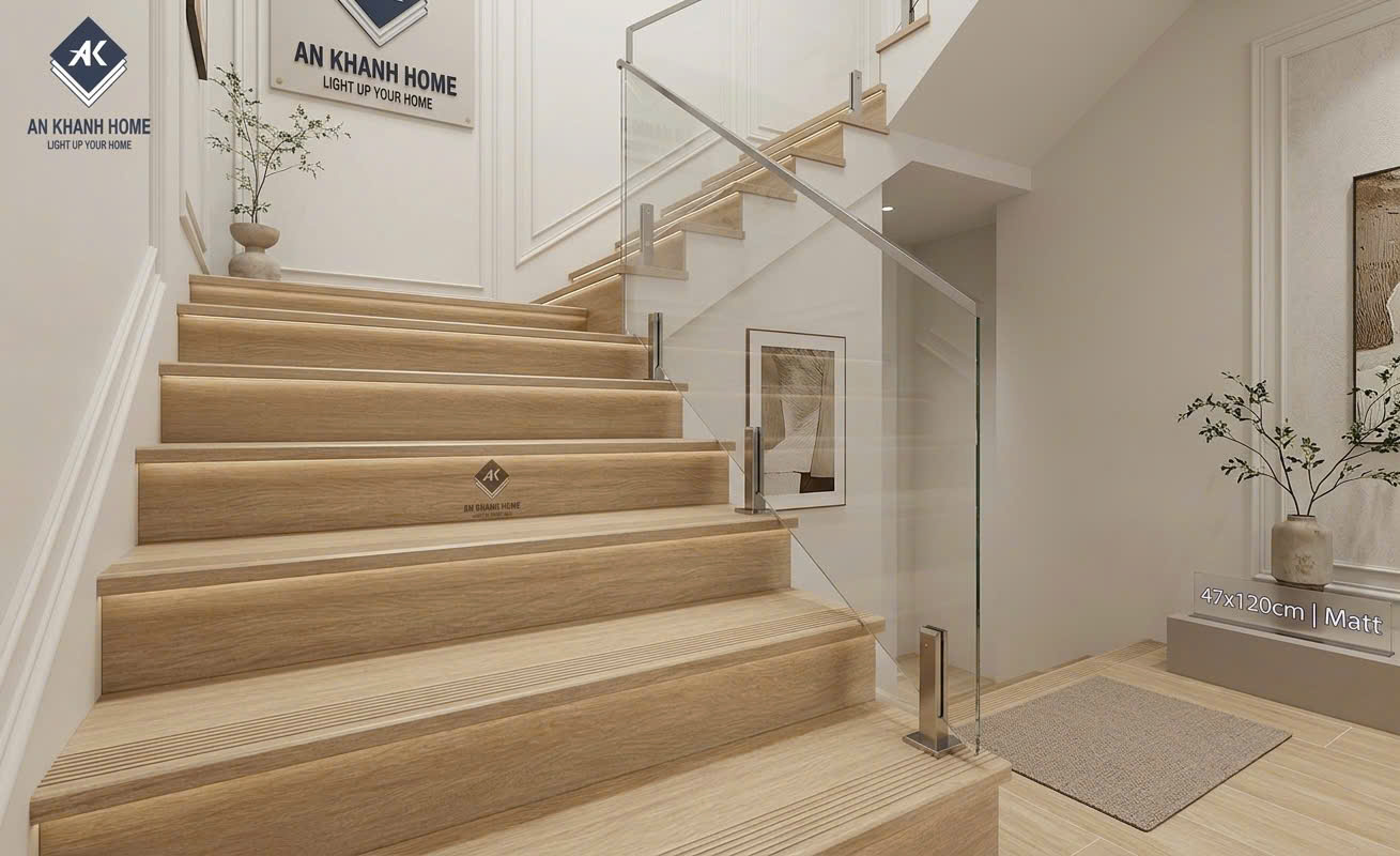 Phối cảnh mẫu gạch bậc cầu thang vân gỗ 47x100cm