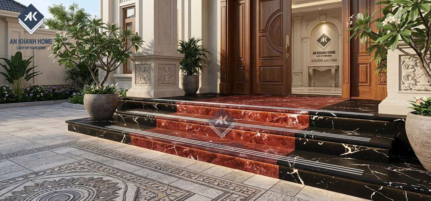 Phối cảnh mẫu gạch ốp lát tam cấp 47x100cm đen đỏ vân trắng