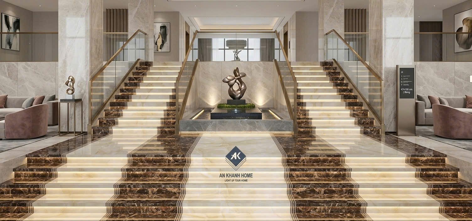 Phối cảnh mẫu gạch bậc cầu thang 47x100cm đẹp sang trọng
