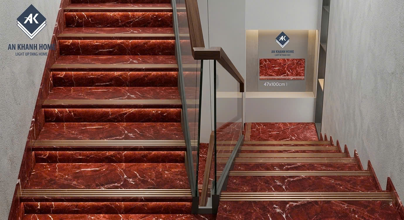 Phối cảnh mẫu bậc cầu thang đỏ vân trắng 47x100cm trung quốc