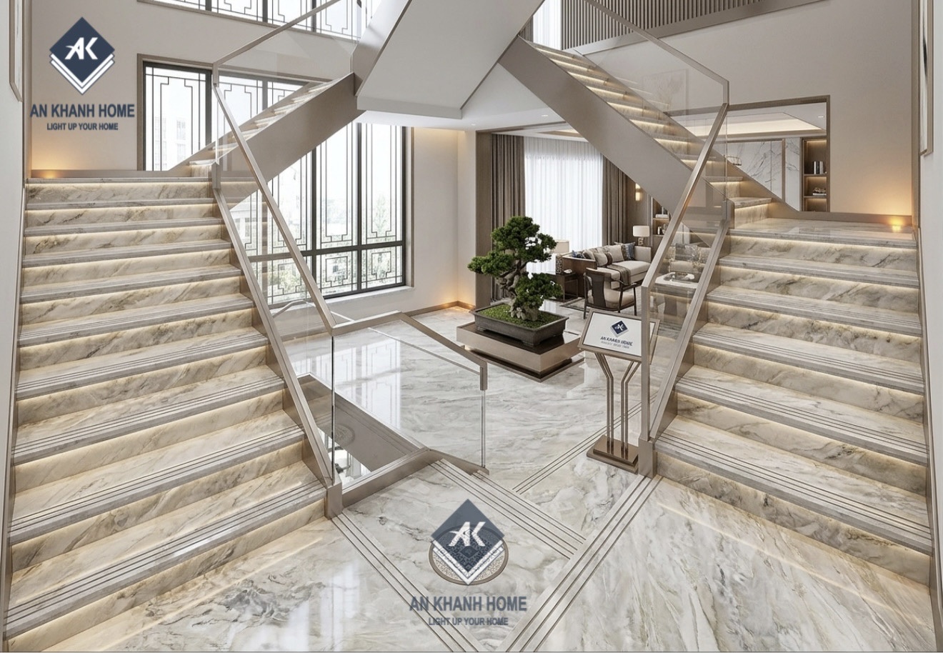 Phối cảnh mẫu gạch ốp lát bậc cầu thang 47x100cm vân đá