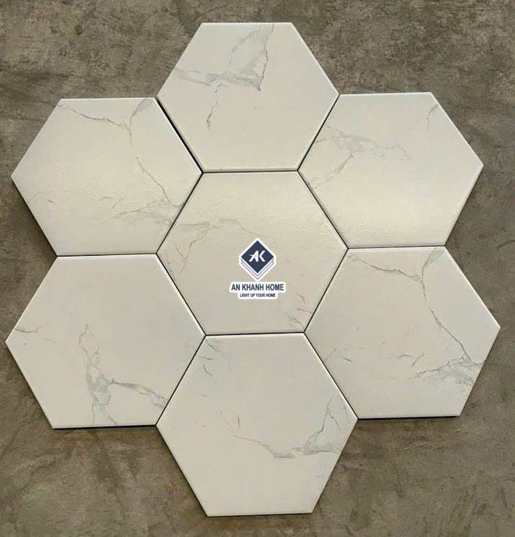 Gạch lục giác 200x230 men mờ trắng vân xám marble 