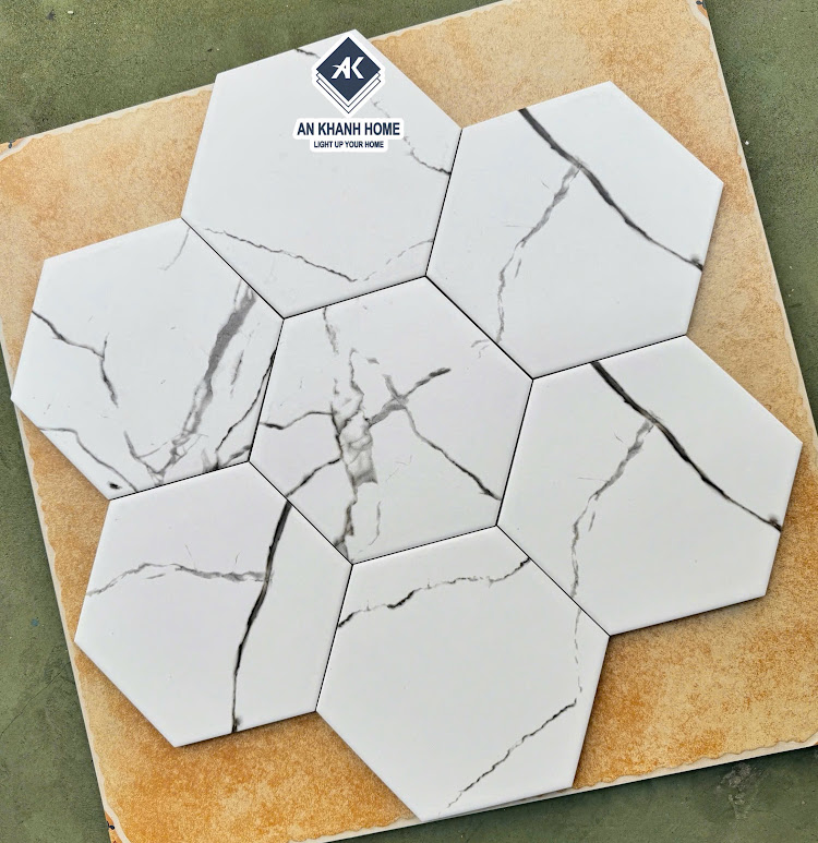 Gạch lục giác 200x230mm men mờ trắng vân đá marble xám đen