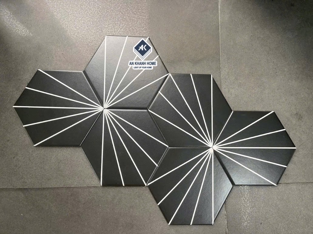 Gạch lục giác 20x23cm đen mờ 5 tia trắng chỉ xòe ốp lát trang trí