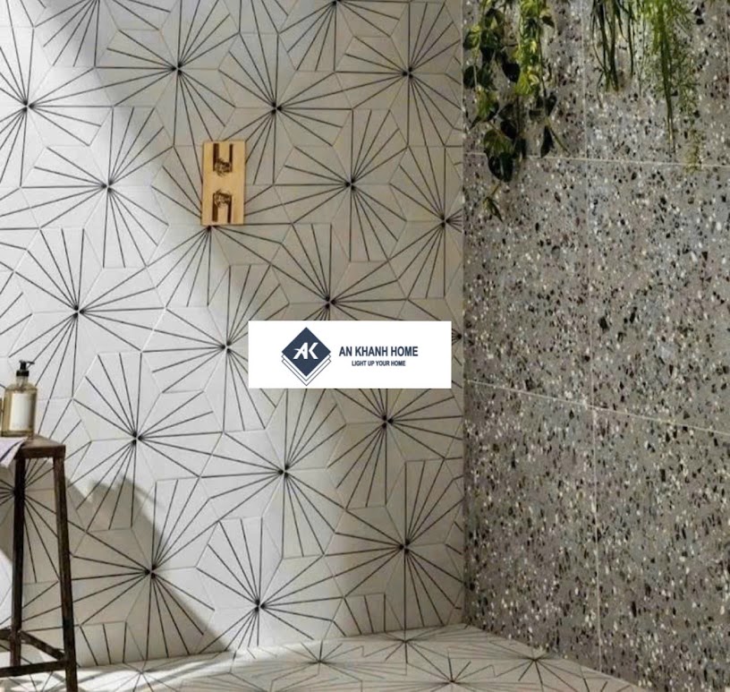 Gạch lục giác trắng họa tiết 5 tia chỉ xòe quạt 