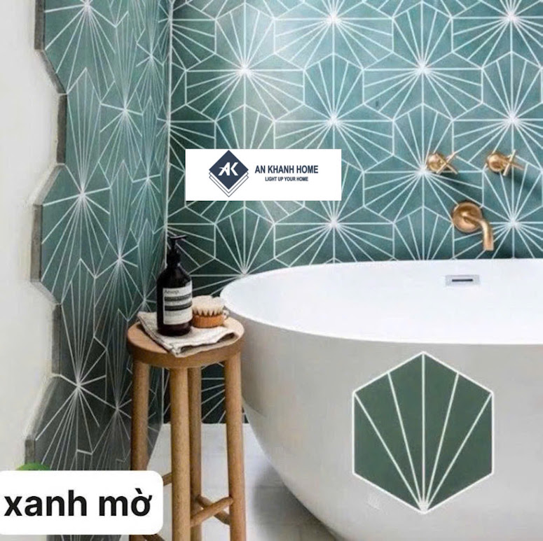 Gạch lục giác xanh họa tiết chỉ xòe ốp tường phòng tắm