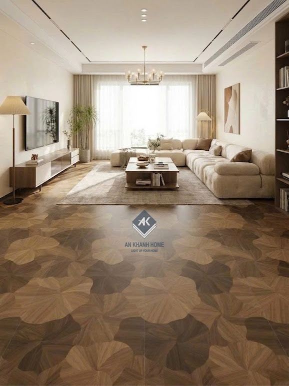 Gạch lát phòng khách 60x120 vân gỗ lá sen