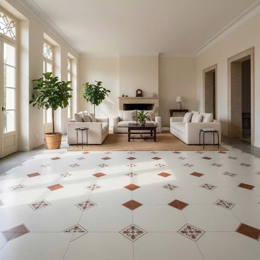 Gạch bông trắng kem hoạ tiết cổ điển 30x30 trung quốc