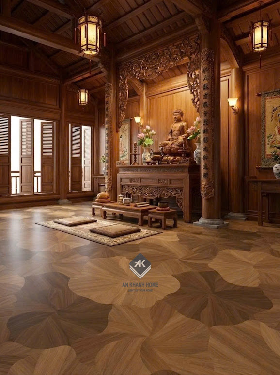 Gạch 60x120 vân gỗ hoạ tiết lá sen lát phòng thờ