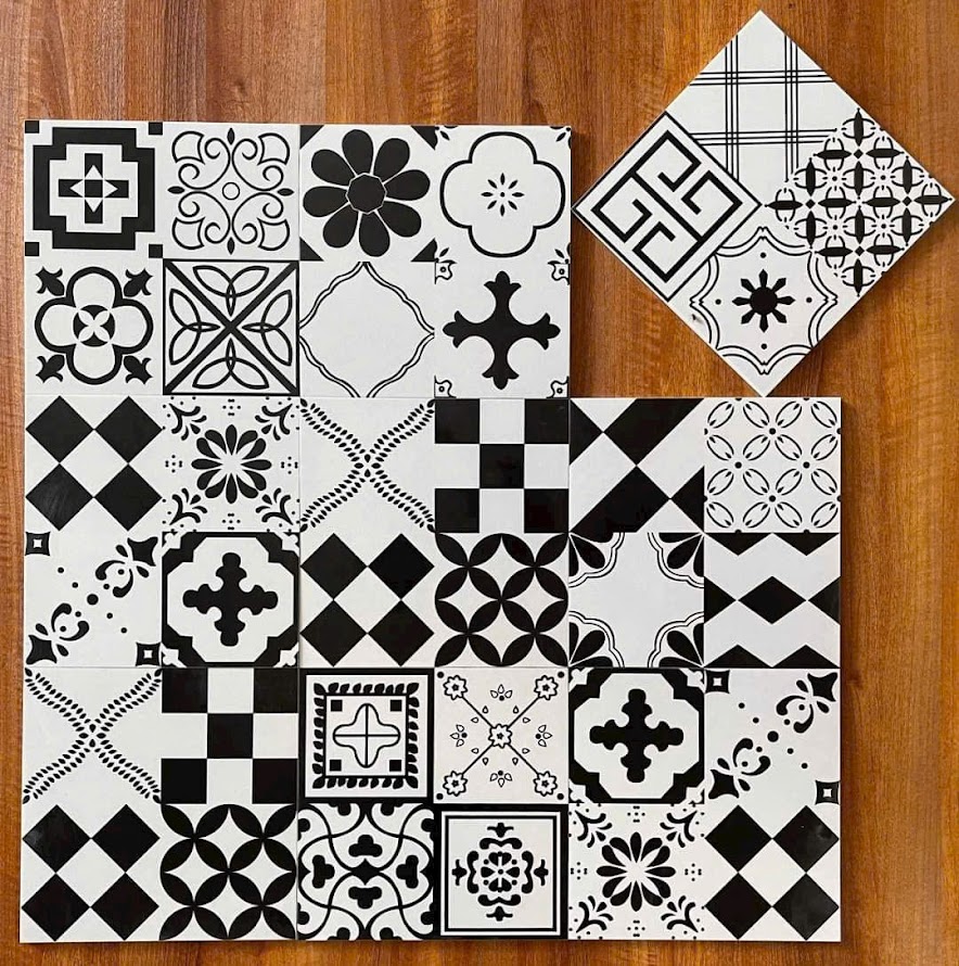 Gạch bông đen trắng mix nhiều hoạ tiết