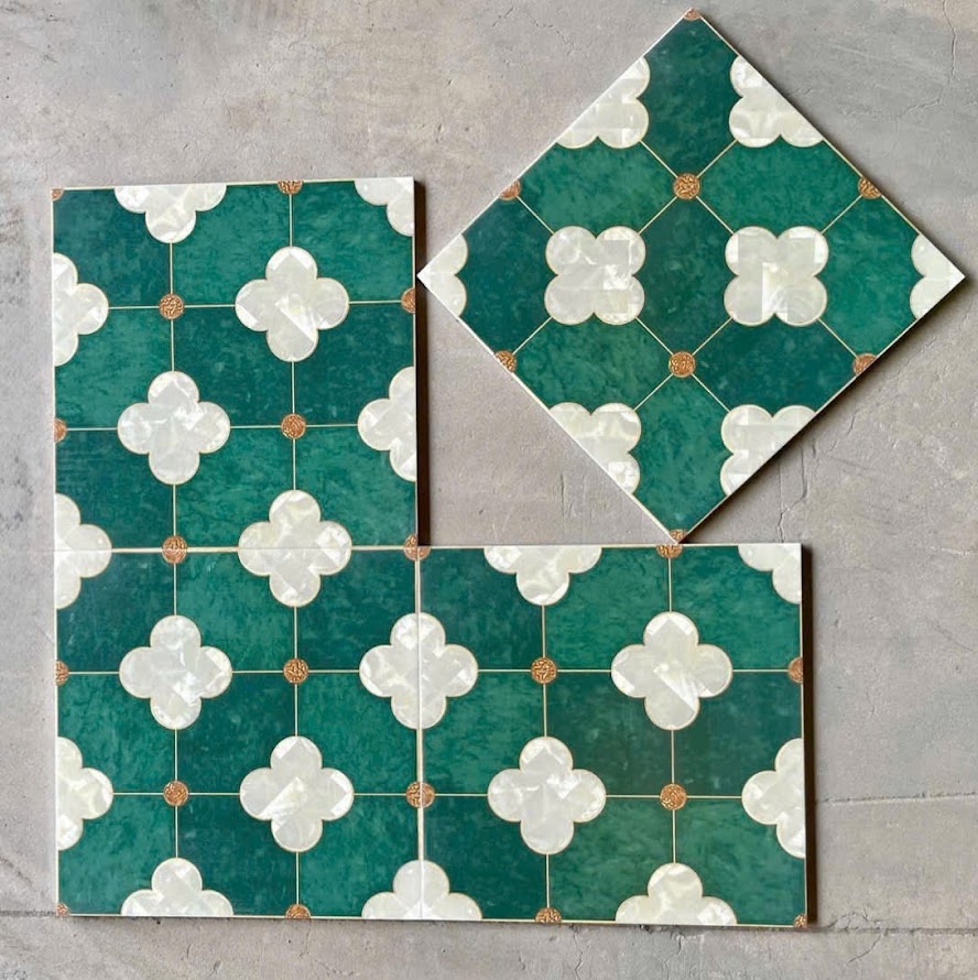 Gạch bông giả cổ 30x30 xanh rêu nhấn hoa trắng xám