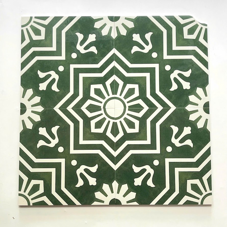 Gạch bông trung quốc 30x30 nền xanh rêu hoạ tiết trắng đối xứng