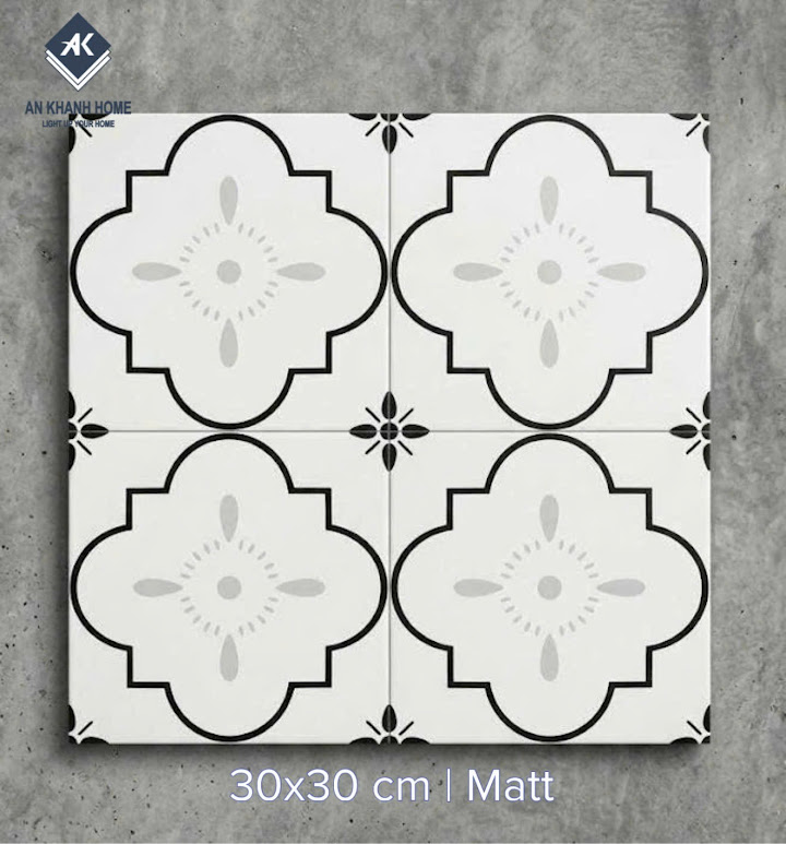 Gạch bông hoa văn cổ điển trắng xám 30x30cm
