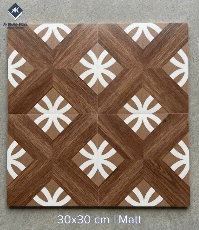 Gạch bông hoạ tiết gỗ nhấn hoa trắng đối xứng 30x30cm
