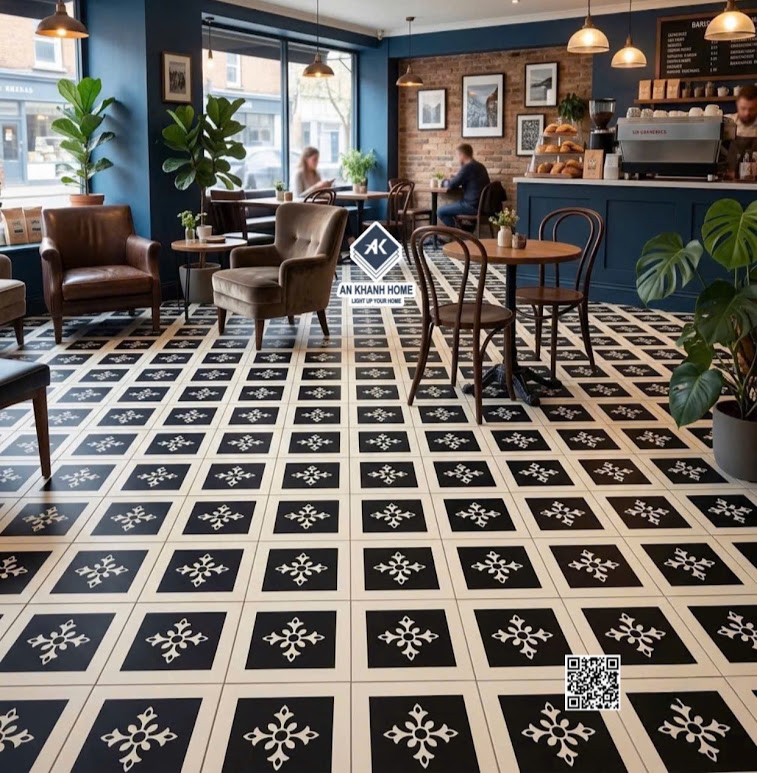 Gạch bông lát quán cafe 30x30 họa tiết ô vuông nhấn hoa thị trắng