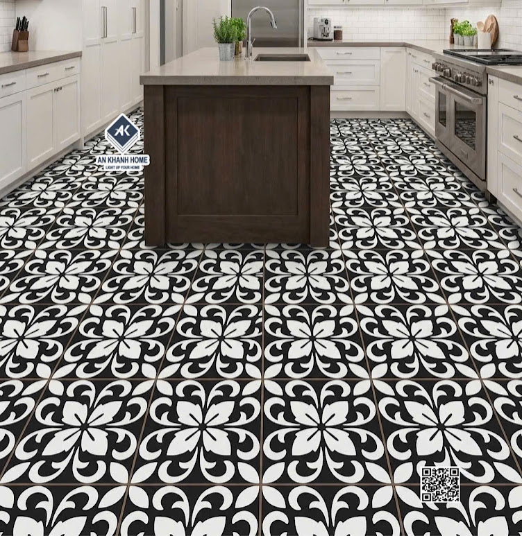 Gạch bông đen trắng 30x30 họa tiết cổ điển lát nền phòng bếp