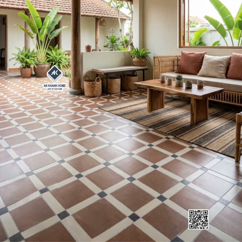 Gạch bông 30x30 lát phòng khách họa tiết ô vuông cổ điển