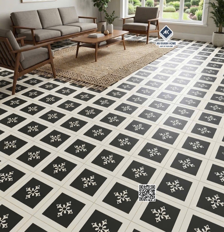 Gạch bông 30x30 lát phòng khách họa tiết hoa thị nhấn ô vuông đen