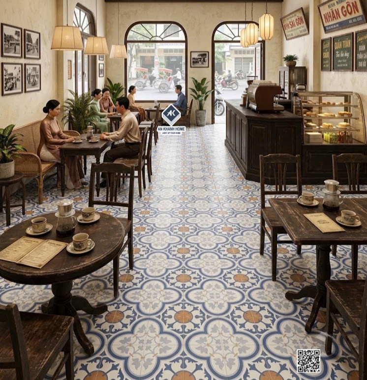Gạch bông 30x30 họa tiết giả cổ điển lát quán cafe