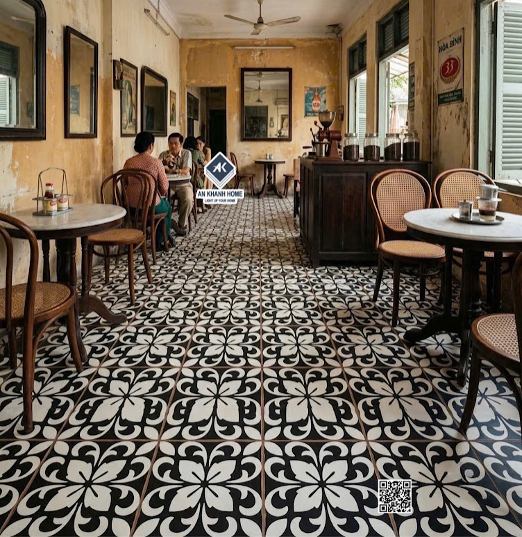 Gạch bông 30x30 lát quán cafe đen trắng cổ điển