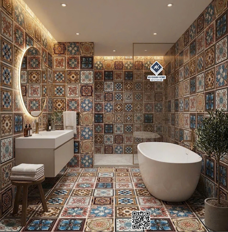 Gạch bông 30x30 mix hoa văn nổi 3d ốp tường phòng tắm