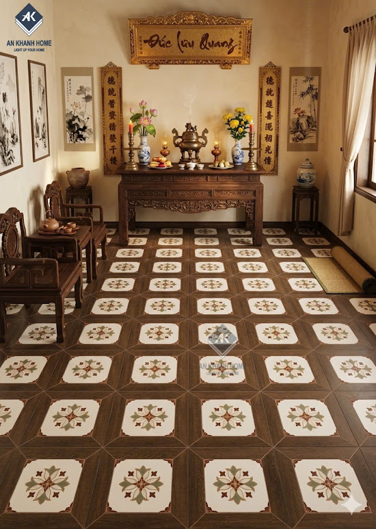 Gạch bông 30x30 khung viền gỗ nhấn hoạ tiết độc đáo