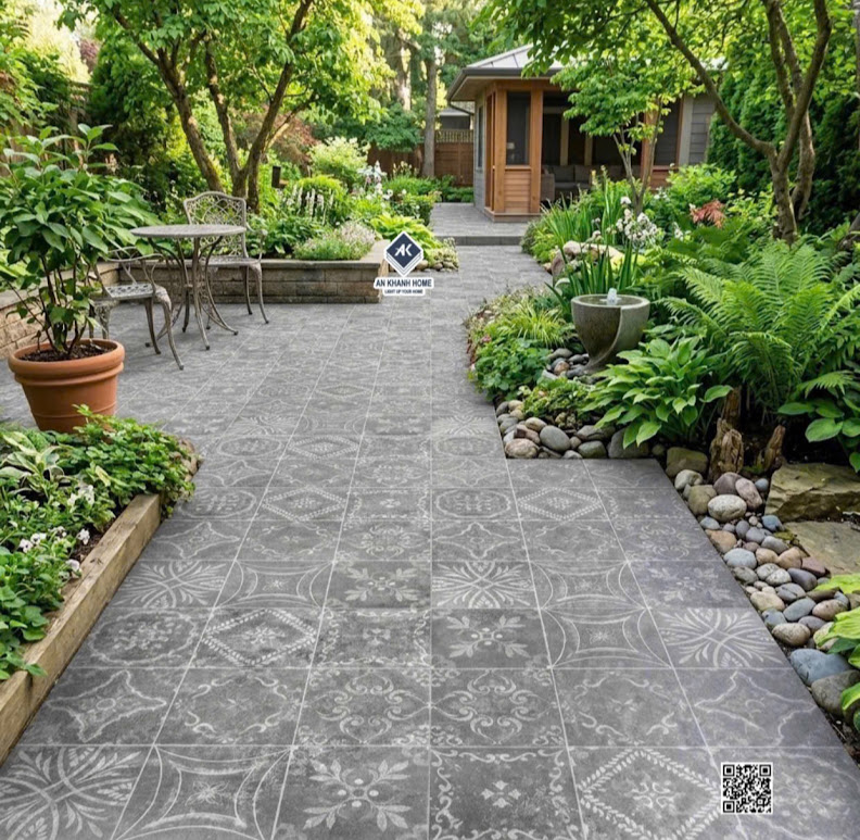 Gạch bông 40x40 họa tiết xám đen lát sân vườn