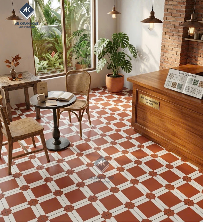 Gạch bông 40x40 hoạ tiết caro đỏ phối trắng giả cổ điển