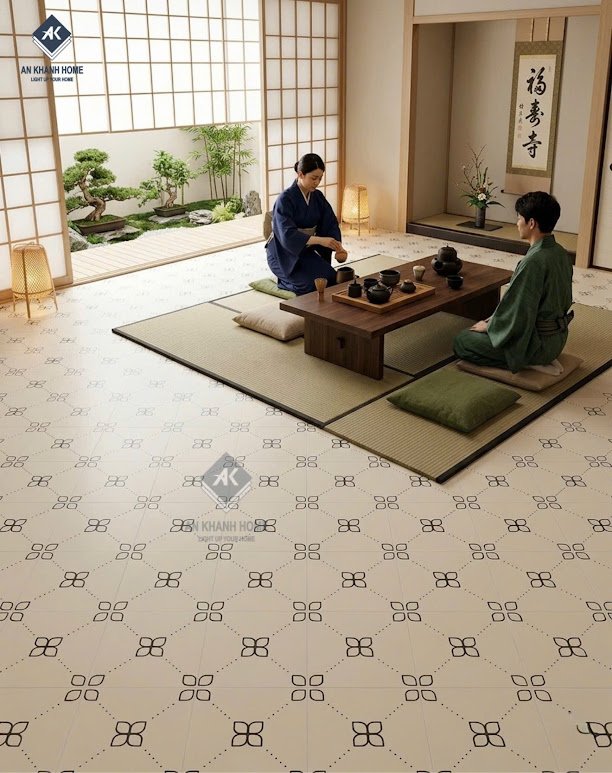 Mẫu gạch bông 40x40 hoạ tiết tối giản lát phòng khách